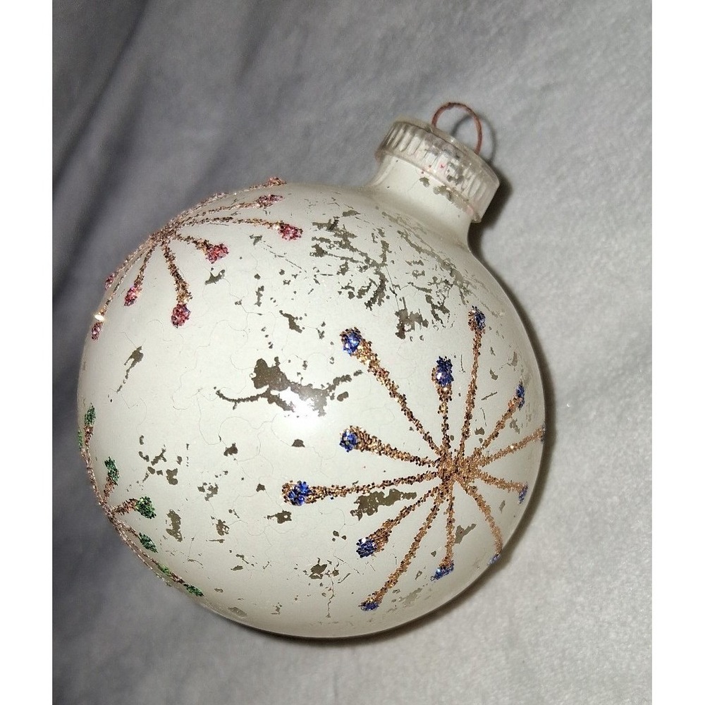 Vintage Austria 3" Glass Christmas Ornament White Atomic Starburst Glitter MCM